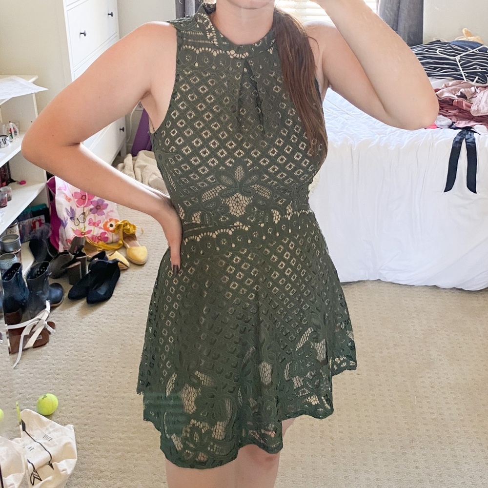 Army green lace skater dress